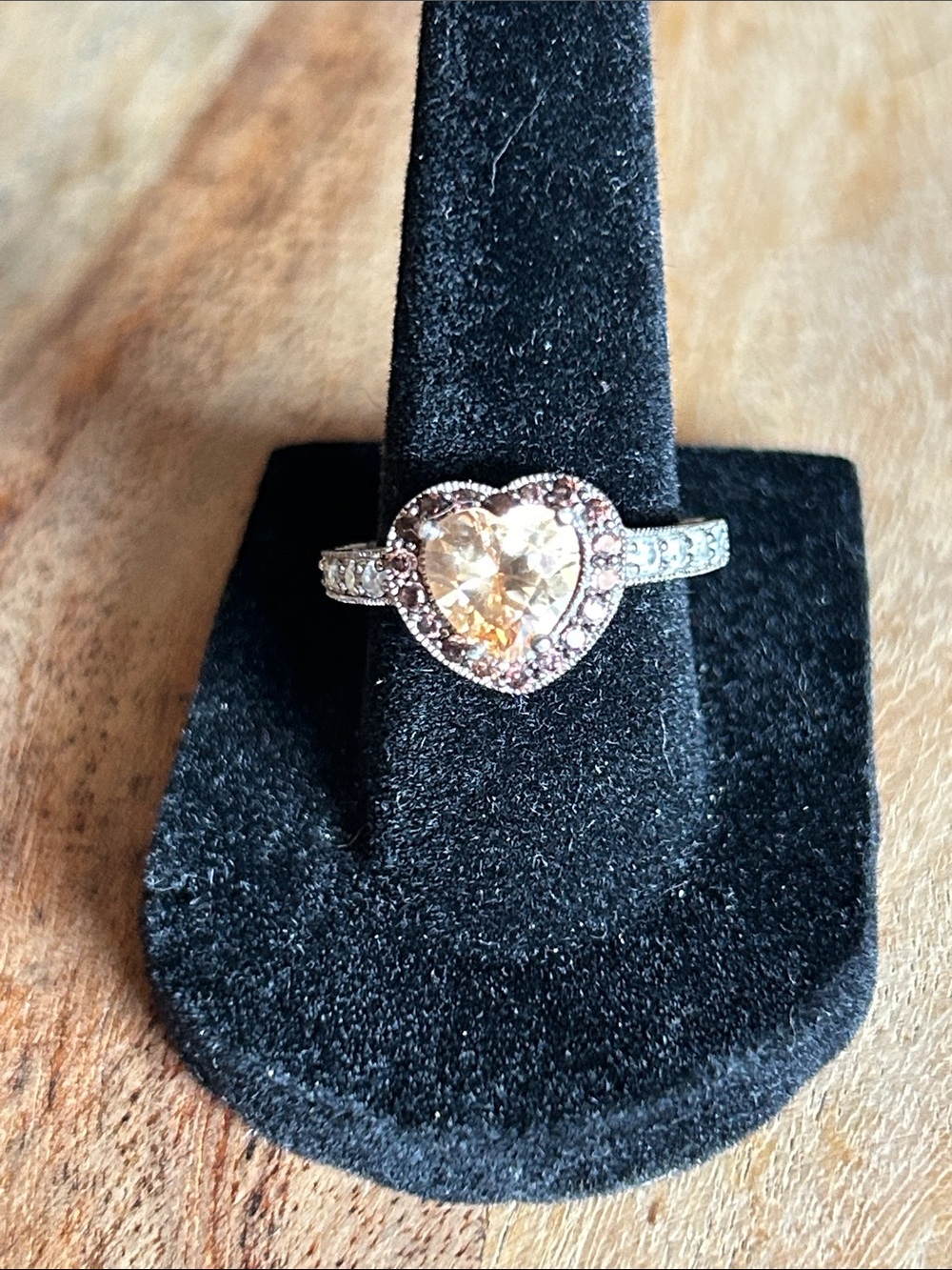 Heart-Shaped Champagne CZ Halo Ring - Women's Sterling Silver Jewelry